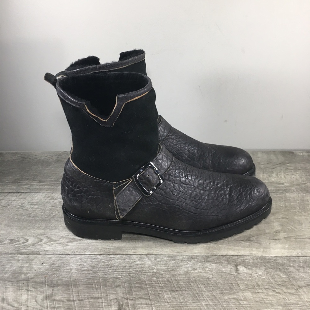 Ross & Snow Harness Engineer Buckle Black Shearling Western Mens Boots Size 11.5